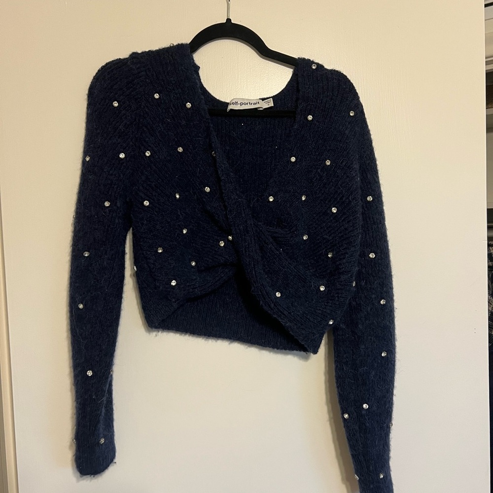Self Portrait Navy Blue Cropped Sweater with Crystal Accents